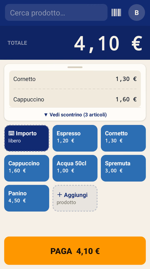 L'app MCDS Pay sul POS: scontrino in corso con i tasti dei prodotti